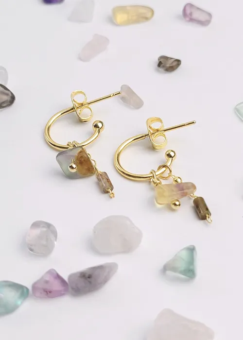 Malé pozlátené náušničky z kolekcie Spektrum 1 s úlomkami prírodných kameňov Fluorit 2