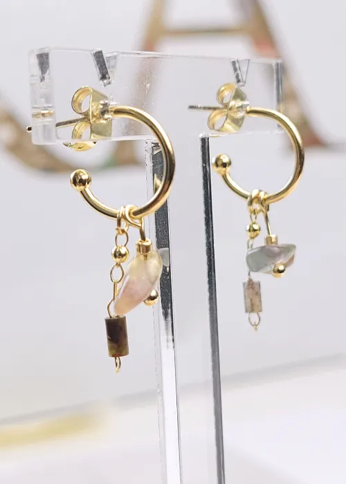 Malé pozlátené náušničky z kolekcie Spektrum 1 s úlomkami prírodných kameňov Fluorit 3