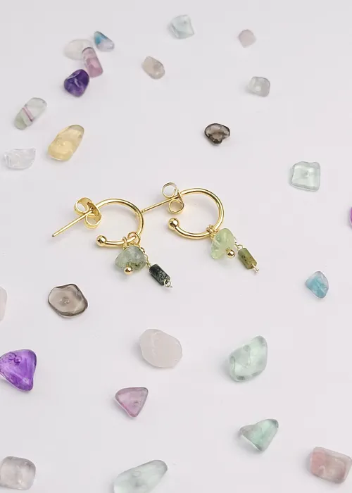 Malé pozlátené náušničky z kolekcie Spektrum 1 s úlomkami prírodných kameňov Fluorit 3