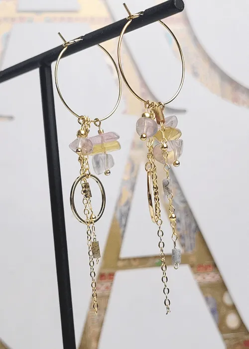 Pozlátené náušnice z kolekcie Spektrum 1 s úlomkami prírodných kameňov Fluorit 2