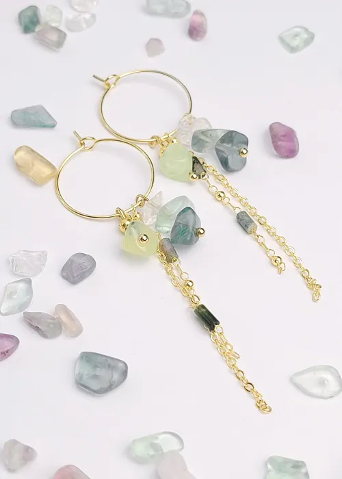 Pozlátené náušnice z kolekcie Spektrum 6 s úlomkami prírodných kameňov Fluorit 3