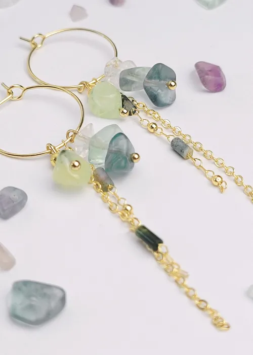 Pozlátené náušnice z kolekcie Spektrum 6 s úlomkami prírodných kameňov Fluorit