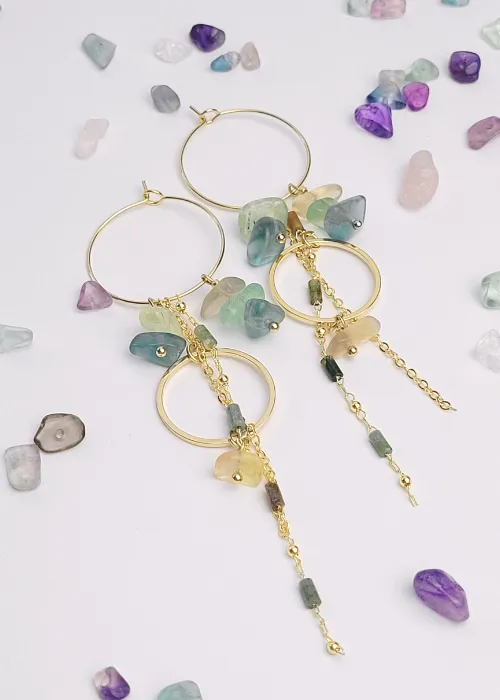 Pozlátené náušnice z kolekcie Spektrum 7 s úlomkami prírodných kameňov Fluorit 2