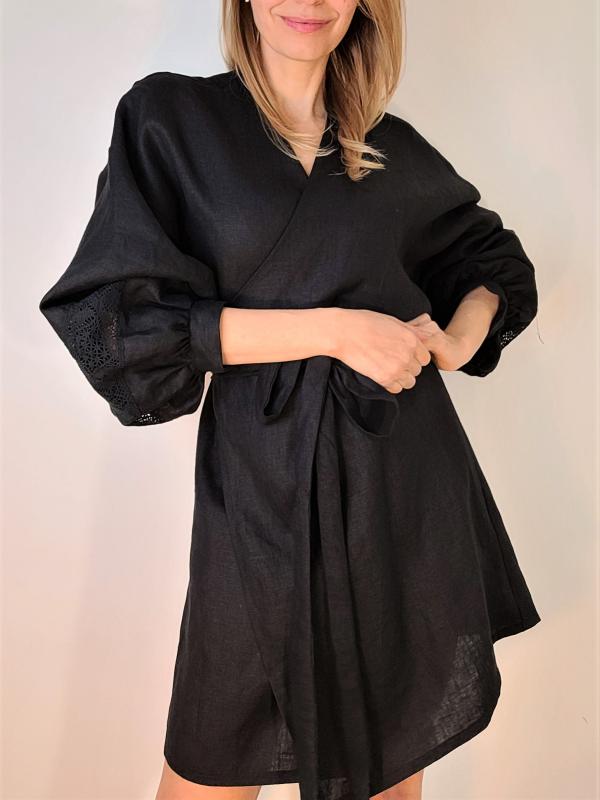 Luna čierne ľanové šaty so užšou krajkou 5