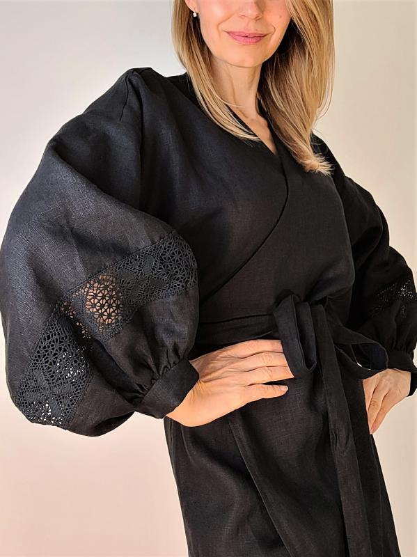 Luna čierne ľanové šaty so užšou krajkou