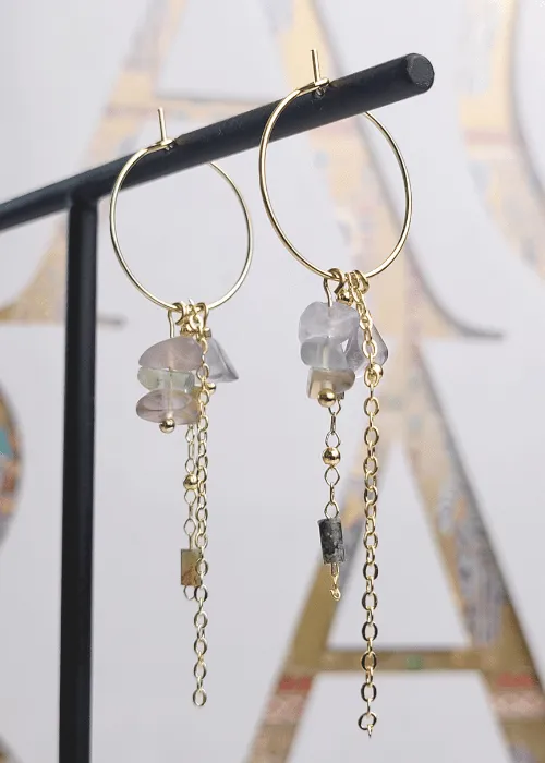 Pozlátené náušnice z kolekcie Spektrum s úlomkami prírodných kameňov Fluorit 2