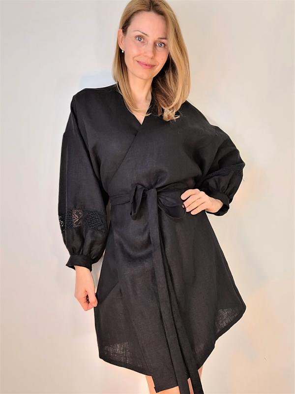 Luna čierne ľanové šaty so užšou krajkou 4