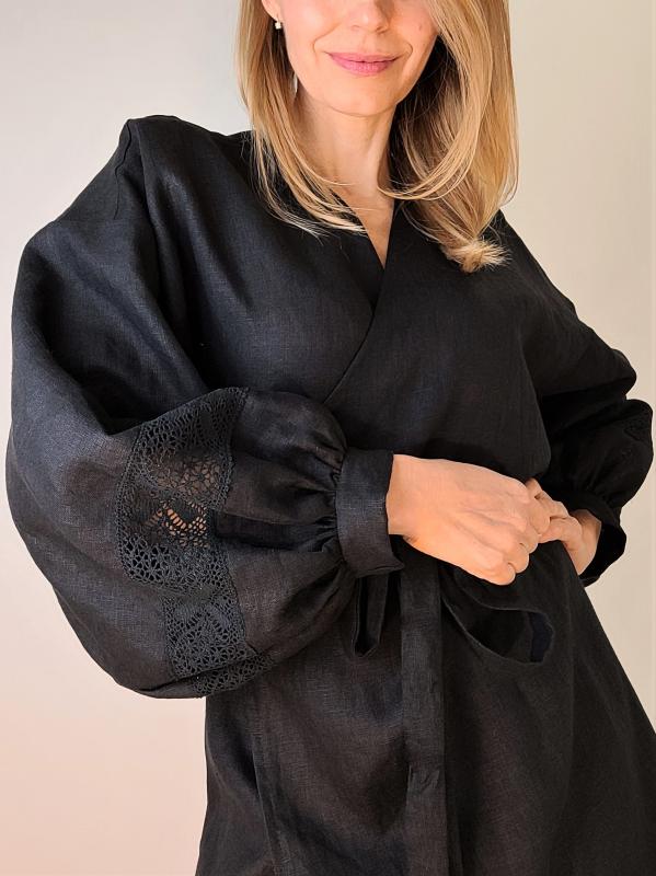 Luna čierne ľanové šaty so užšou krajkou 3