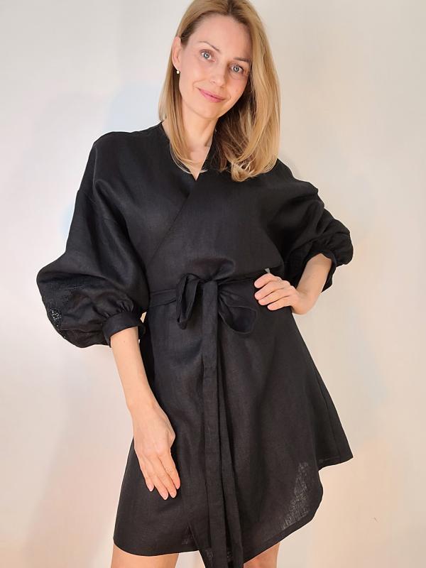 Luna čierne ľanové šaty so užšou krajkou 1