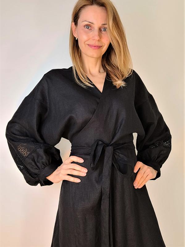 Luna čierne ľanové šaty so užšou krajkou 2